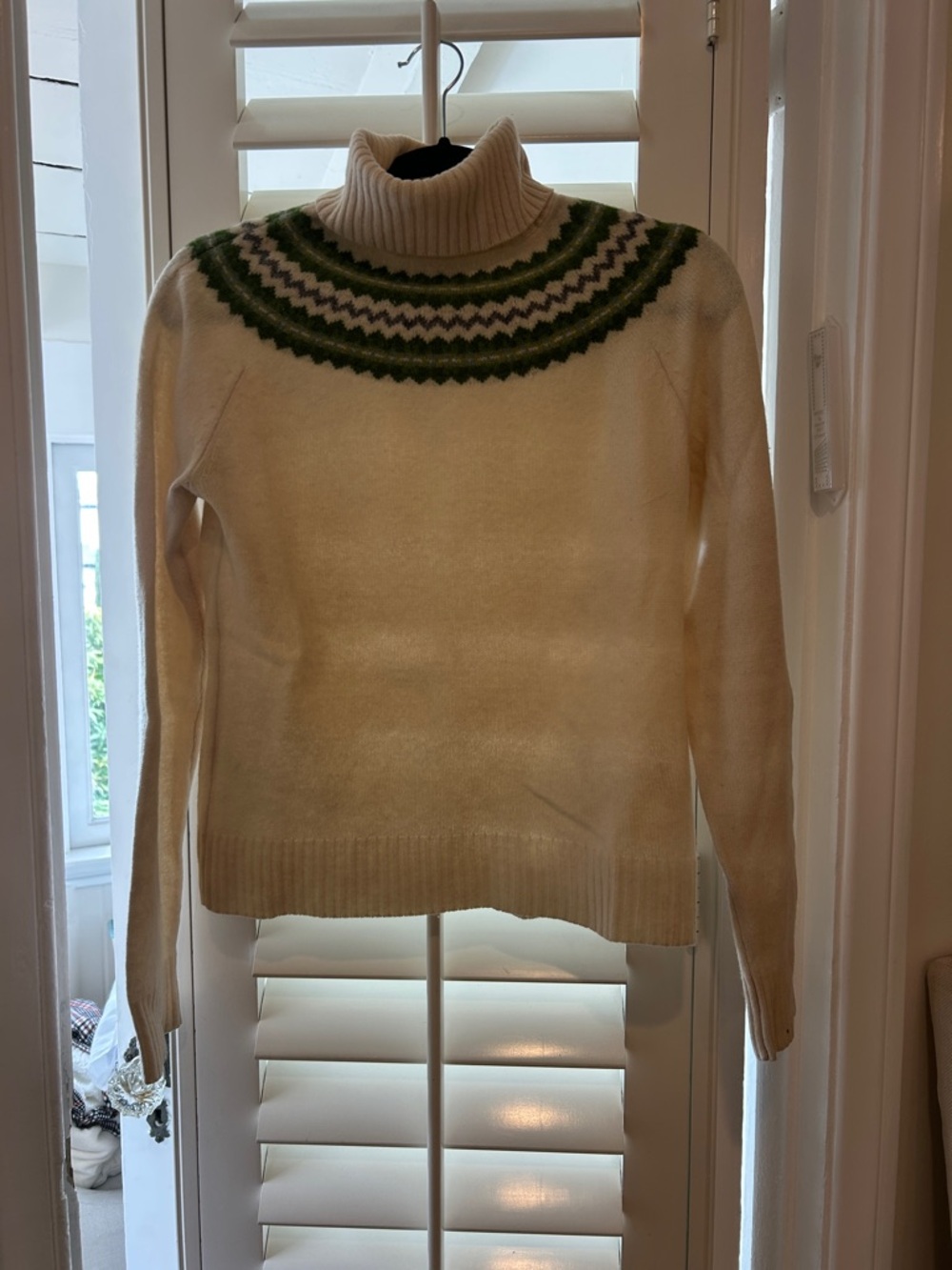 J. Crew Cream Turtleneck Sweater with Green Fair Isle Yoke